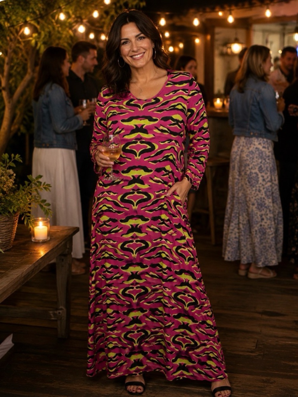 TEREA Rose Violet Animal Pink Black & Green Maxi Statement Dress XL New with Tag